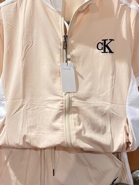 Calvin Klein Light Cream & White Zip-Front Track Jacket and shorts  set